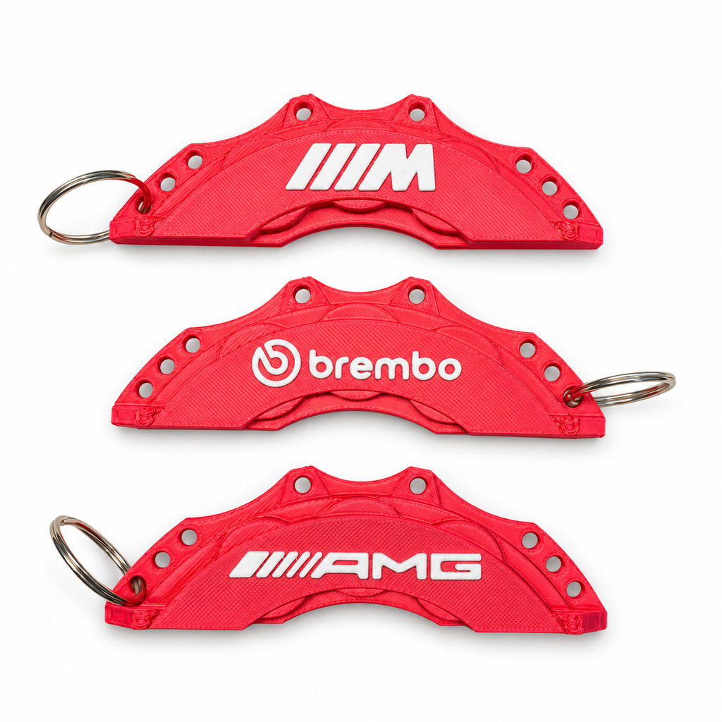 Red and white brake caliper keyrings in M, Brembo and AMG designs