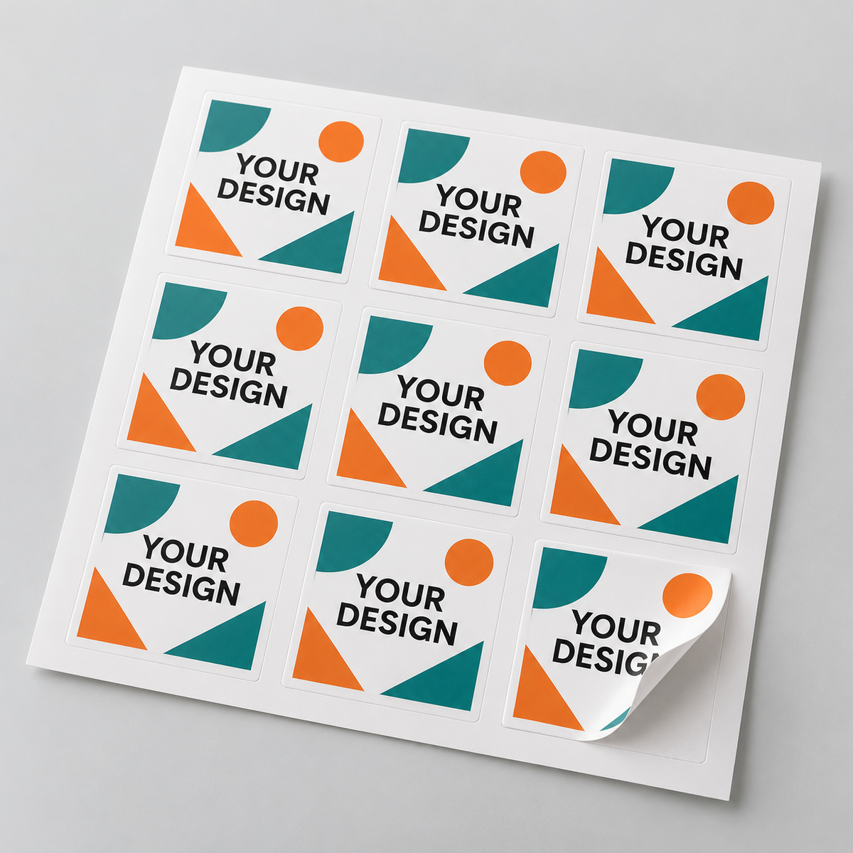 Illustrative square kiss-cut sticker sheet showing your design