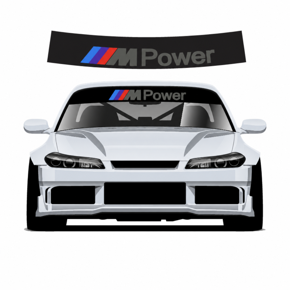 M Power sunstrip on black background with car fitting preview