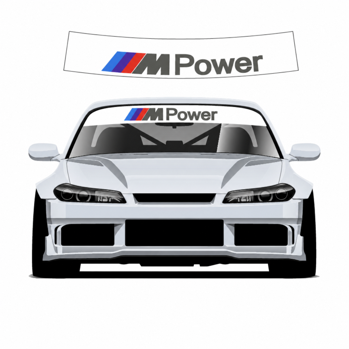 M Power sunstrip on white background with car fitting preview
