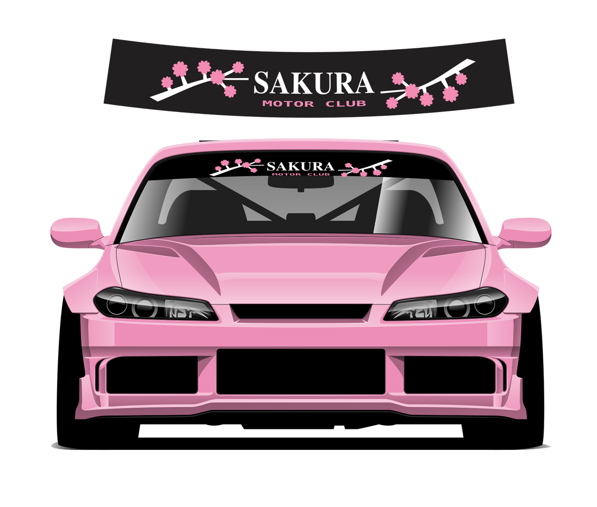 Sakura Motor Club sunstrip design and pink car fitting preview