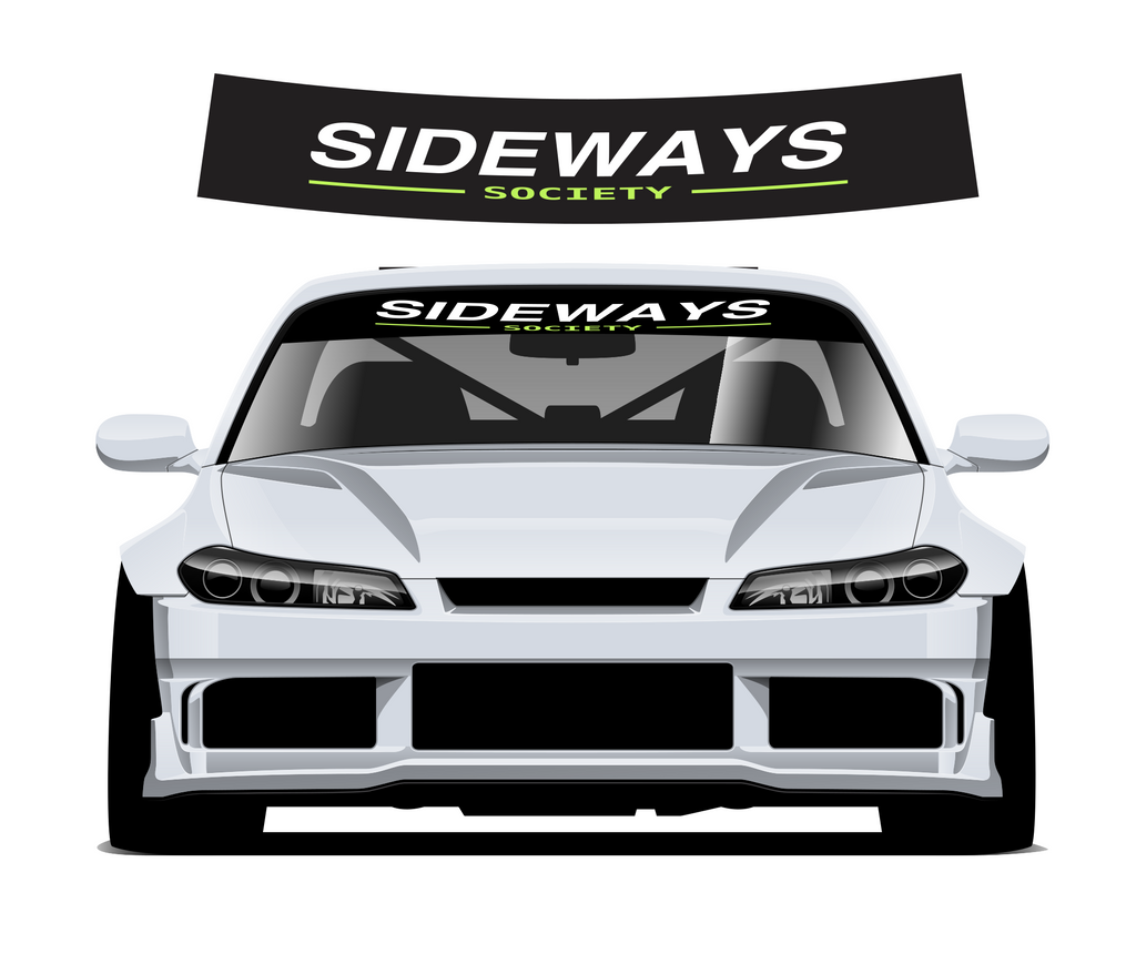 Sideways Society sunstrip - curved upper preview and silver car mockup