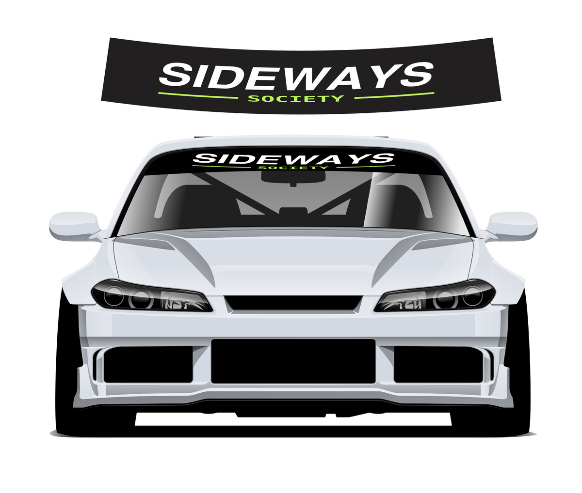 Sideways Society sunstrip - curved upper preview and silver car mockup