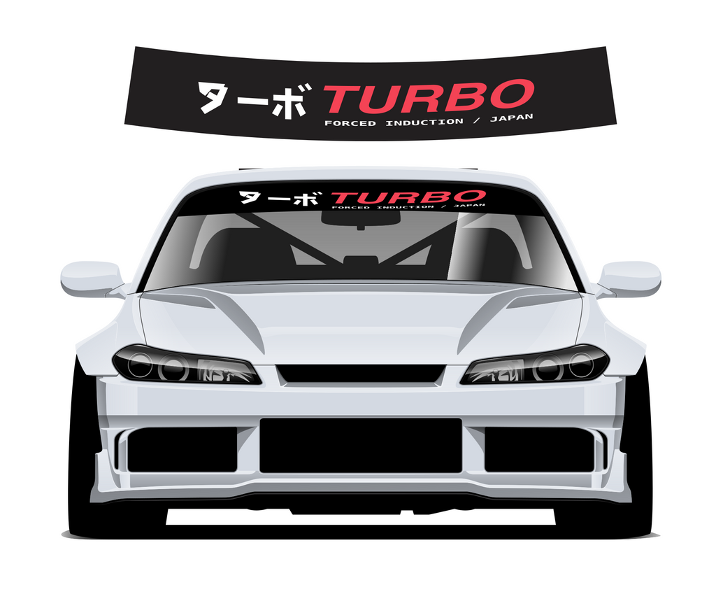 Turbo Katakana sunstrip - curved upper preview and silver car mockup