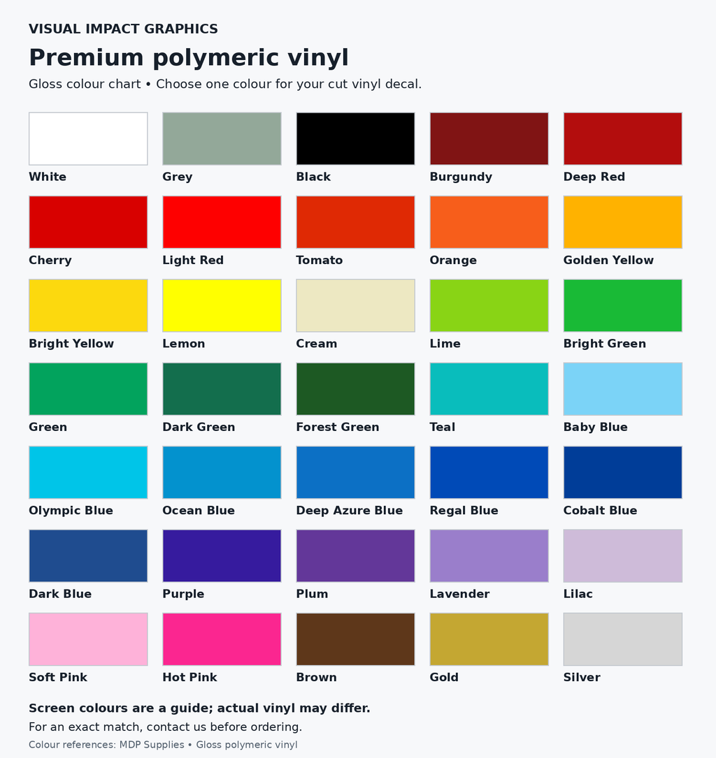 Premium polymeric vinyl gloss colour chart showing 35 named colours