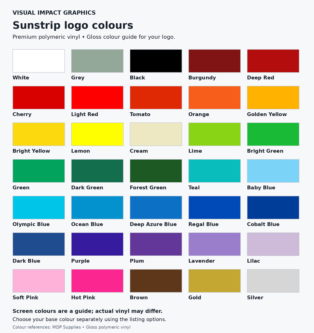 Sunstrip logo colour chart: 35 gloss premium polymeric vinyl colours; select base colour separately